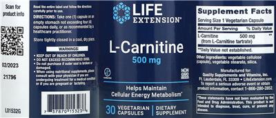 Photo of the Life Extension L-Carnitine 500 mg label