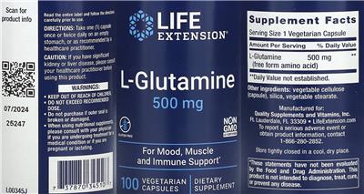 Photo of the Life Extension L-Glutamine 500 mg label