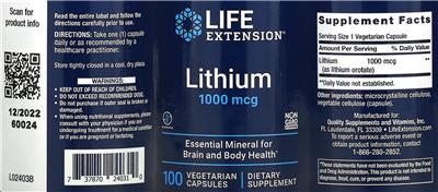 Photo of the Life Extension Lithium 1,000 mcg label