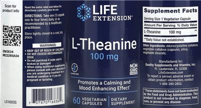 Photo of the Life Extension L-Theanine 100 mg label