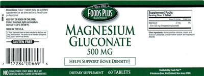 Product label for Magnesium Gluconate 500 mg