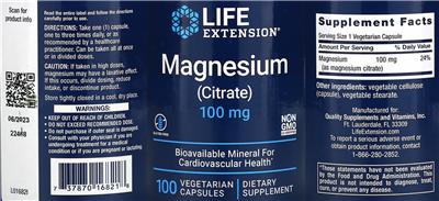 Photo of the Life Extension Magnesium (Citrate) 100 mg label