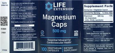 Photo of the Life Extension Magnesium Caps 500 mg label