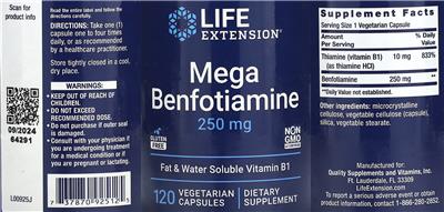 Photo of the Life Extension Mega Benfotiamine 250 mg label