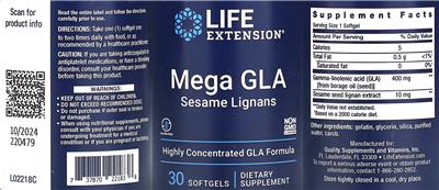 Photo of the Life Extension Mega GLA Sesame Lignans label
