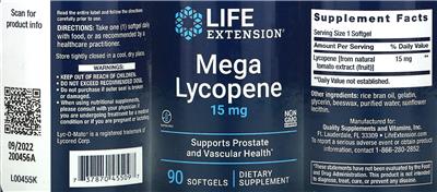 Photo of the Life Extension Mega Lycopene 15 mg label