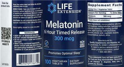 Photo of the Life Extension Melatonin 300 mcg 6 Hour Timed Release label