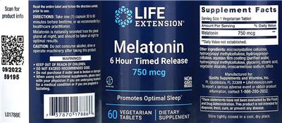 Photo of the Life Extension Melatonin 750 mcg 6 Hour Timed Release label