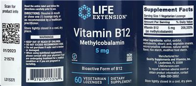 Photo of the Life Extension Vitamin B12 Methylcobalamin 5 mg label