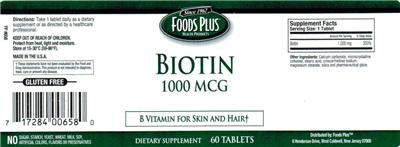 Photo of the Foods Plus Biotin 1000 mcg label