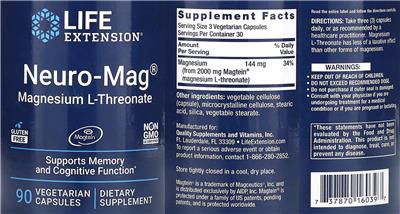 Photo of the Life Extension Neuro-Mag Magnesium L-Threonate label