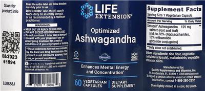 Photo of the Life Extension Optimized Ashwagandha label