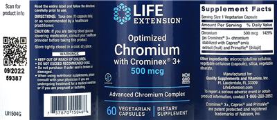 Photo of the Life Extension Optimized Chromium with Crominex 3+ 500 mcg label
