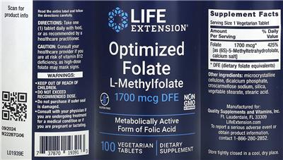 Photo of the Life Extension Optimized Folate L-Methylfolate 1700 mcg DFE label