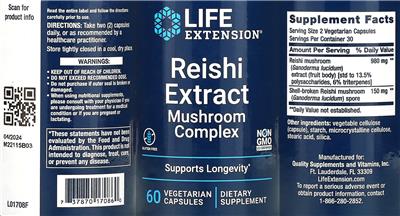 Product label for Reishi Extract Mushroom Complex