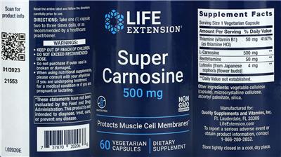 Photo of the Life Extension Super Carnosine 500 mg label