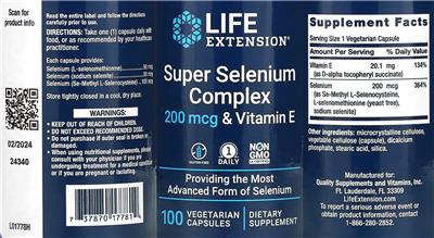 Photo of the Life Extension Super Selenium Complex 200 mcg & Vitamin E label