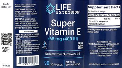 Photo of the Life Extension Super Vitamin E 268 mg (400 IU) label