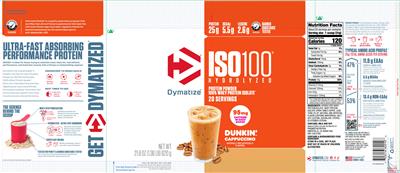Photo of the Dymatize ISO100 Hydrolyzed Dunkin' Cappuccino label