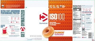 Photo of the Dymatize ISO100 Hydrolyzed Dunkin' Glazed Donuts label
