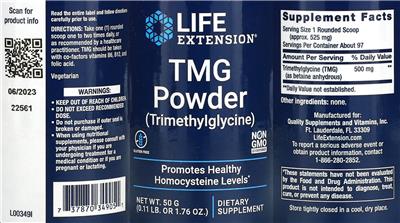 Product label for TMG Powder (Trimethylglycine)