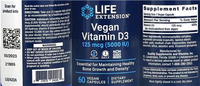 Product label for Vegan Vitamin D3 125 mcg (5000 IU)