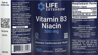 Photo of the Life Extension Vitamin B3 Niacin 500 mg label