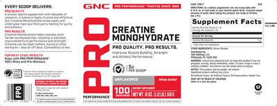 Product label for Creatine Monohydrate 5 Grams Unflavored