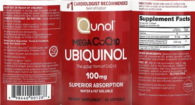 Photo of the Qunol Mega CoQ10 Ubiquinol 100 mg label