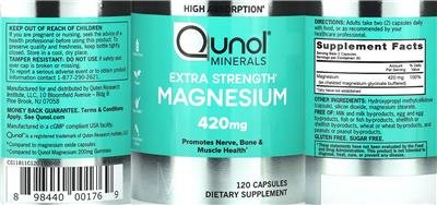 Photo of the Qunol Minerals Extra Strength Magnesium 420 mg label