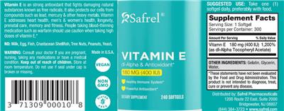 Photo of the Safrel Vitamin E 180 mg (400 IU) label