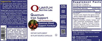 Photo of the Quantum Nutrition Labs Quantum Iron Support label