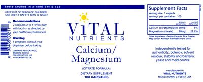 Photo of the Vital Nutrients Calcium/Magnesium (Citrate Formula) label