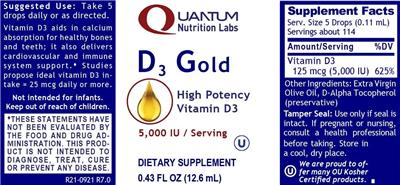 Photo of the Quantum Nutrition Labs D3 Gold 5,000 IU label