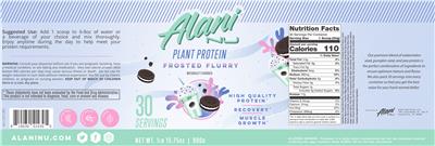 Photo of the Alani Nu Plant Protein Frosted Flurry label