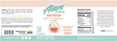 Photo of the Alani Nu Whey Protein Fruity Cereal label