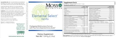 Photo of the Moss Nutrition Elemental Select Vanilla label