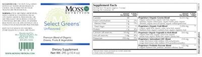 Photo of the Moss Nutrition Select Greens Unflavored label