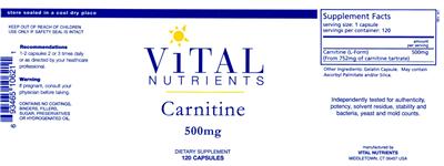 Photo of the Vital Nutrients Carnitine 500 mg label