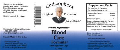 Photo of the Christopher's Original Formulas Blood Circ Formula label