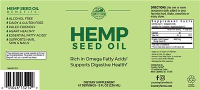 Photo of the Country Farms Hemp Seed Oil label