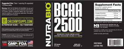 Photo of the NutraBio BCAA 2500 label