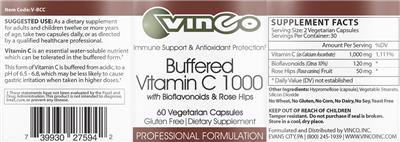 Photo of the Vinco Buffered Vitamin C 1000 label
