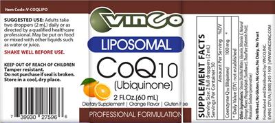 Photo of the Vinco Liposomal CoQ10 Orange Flavor label
