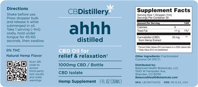 Photo of the CBDistillery ahhh distilled CBD Oil 1000 mg Isolate Natural Hemp Flavor label
