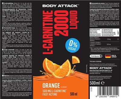 Photo of the Body Attack L-Carnitine 2000 Liquid Orange Flavour 0% Sugar label