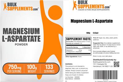 Photo of the BulkSupplements.com Magnesium L-Aspartate Powder 750 mg label