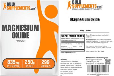 Photo of the BulkSupplements.com Magnesium Oxide Powder 835 mg label