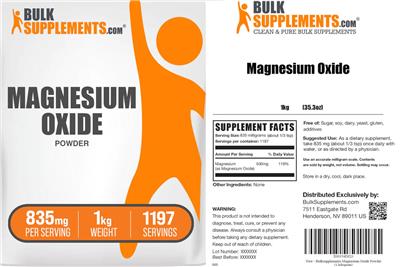 Photo of the BulkSupplements.com Magnesium Oxide Powder 835 mg label