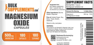 Photo of the BulkSupplements.com Magnesium Oxide 500 mg Capsules label